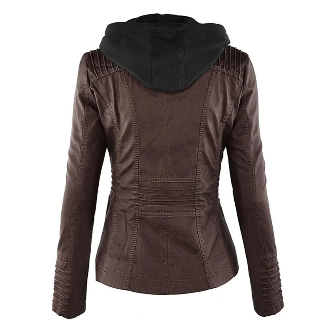 Women's Zip-Up Hood Leather Jacket – Zippered Pockets