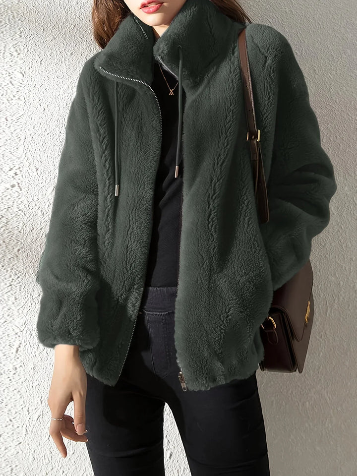 Women's Borg Zip-Up Stand Collar Jacket – Drawstring