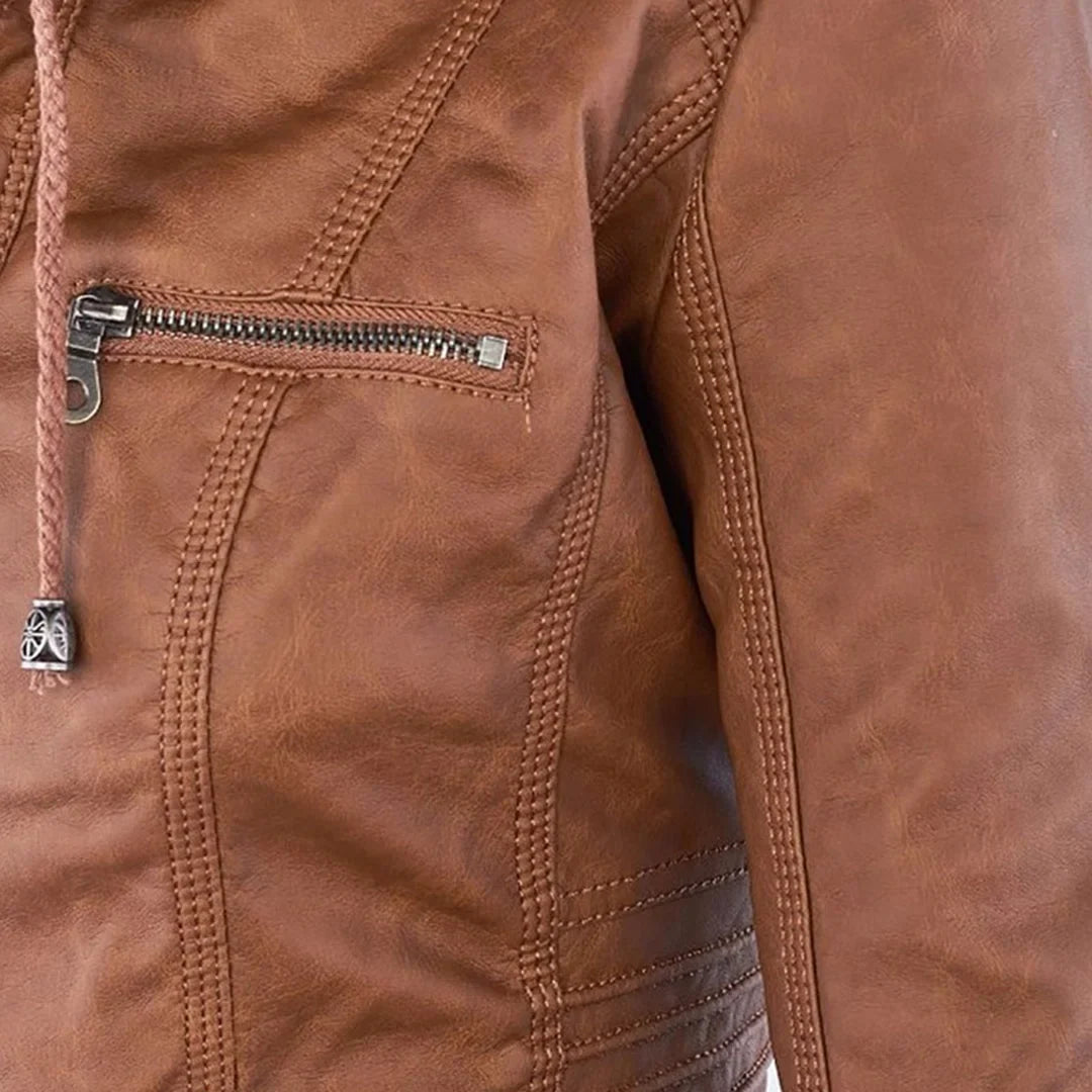 Women's Zip-Up Hood Leather Jacket – Zippered Pockets