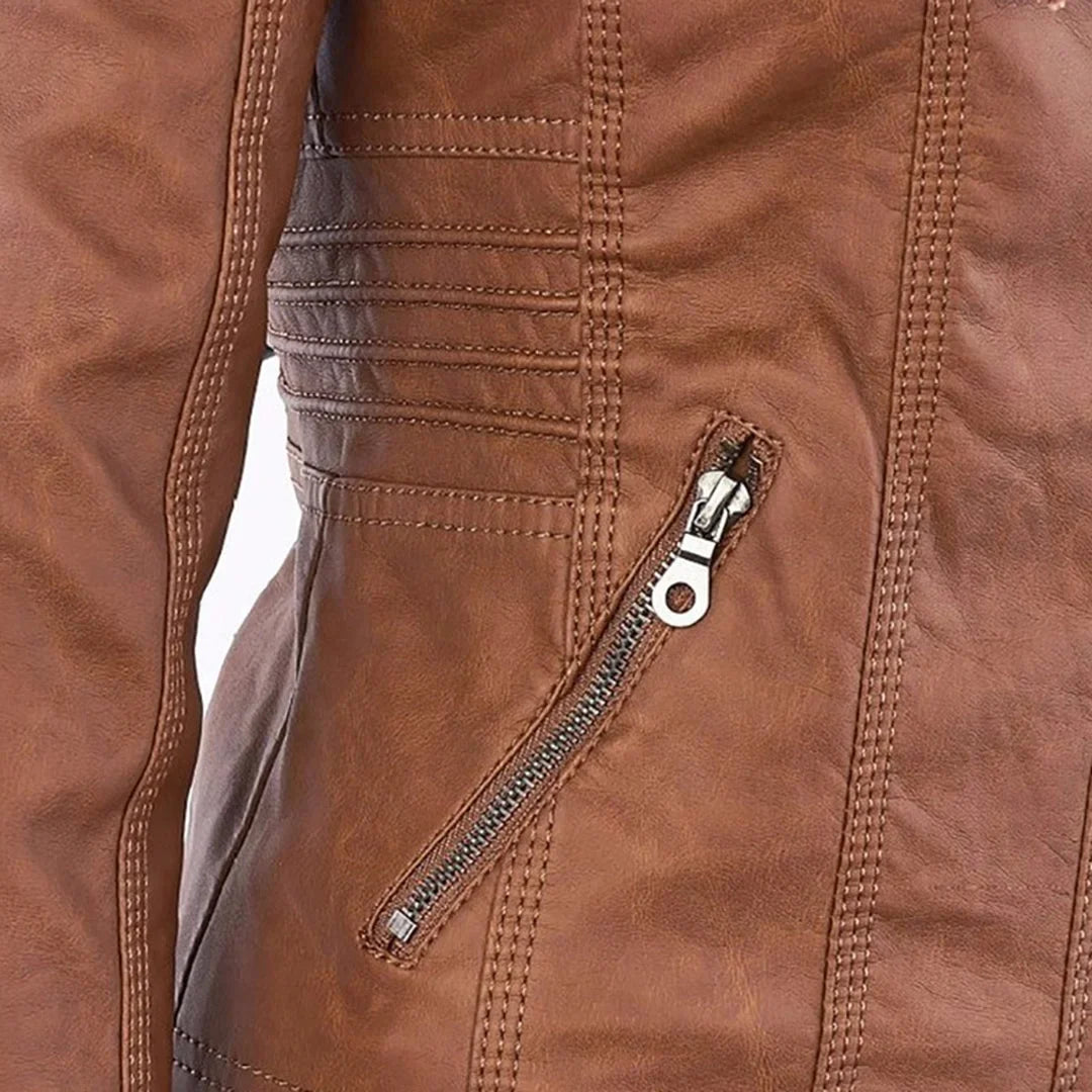 Women's Zip-Up Hood Leather Jacket – Zippered Pockets