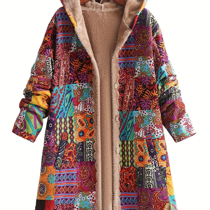 Women's Borg Button-Front Hood Parka – Patchwork Print