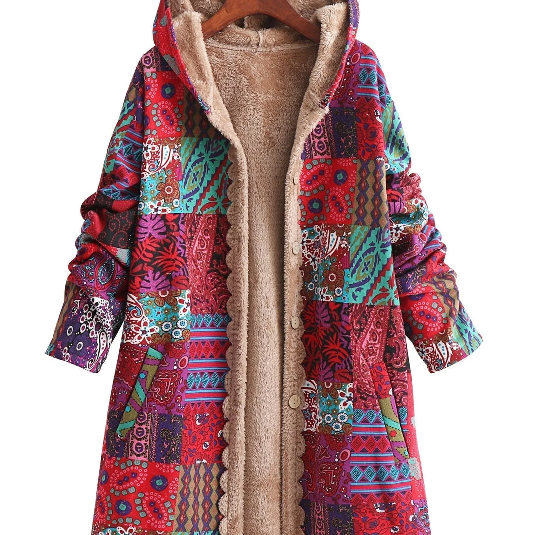 Women's Borg Button-Front Hood Parka – Patchwork Print
