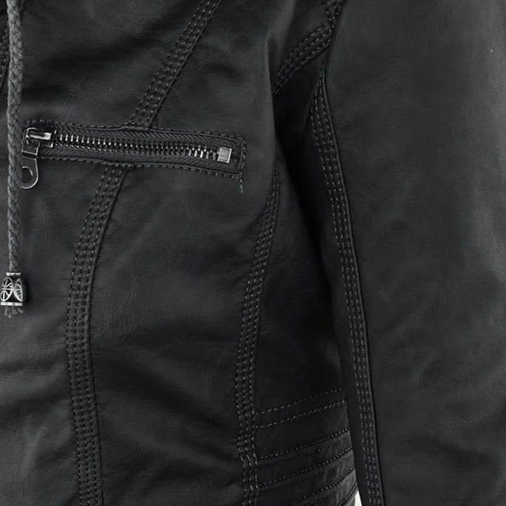 Women's Zip-Up Hood Leather Jacket – Zippered Pockets