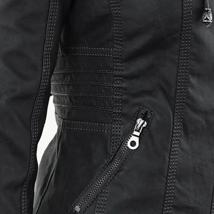 Women's Zip-Up Hood Leather Jacket – Zippered Pockets