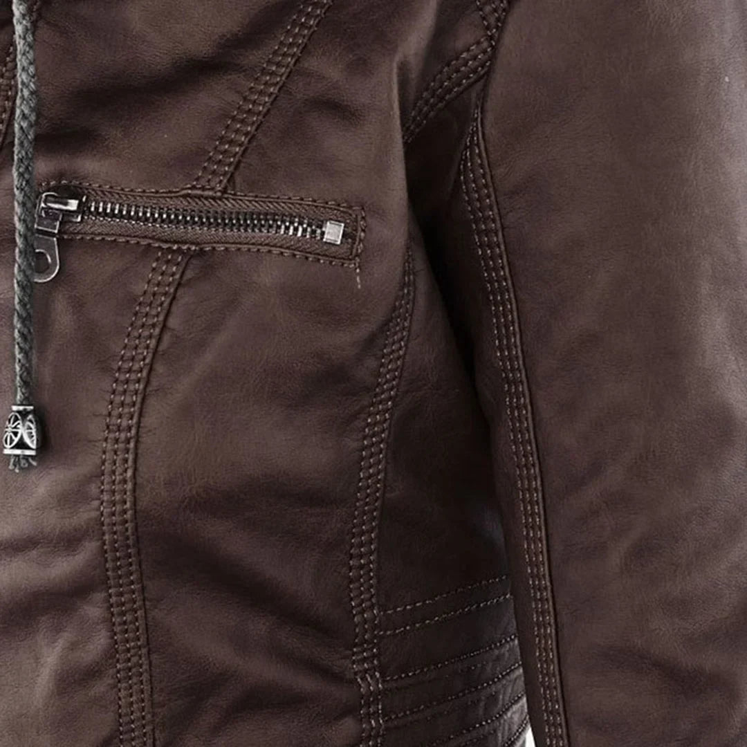 Women's Zip-Up Hood Leather Jacket – Zippered Pockets