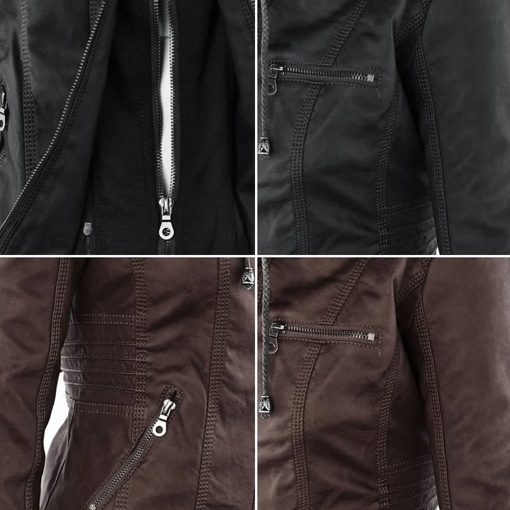 Women's Zip-Up Hood Leather Jacket – Zippered Pockets