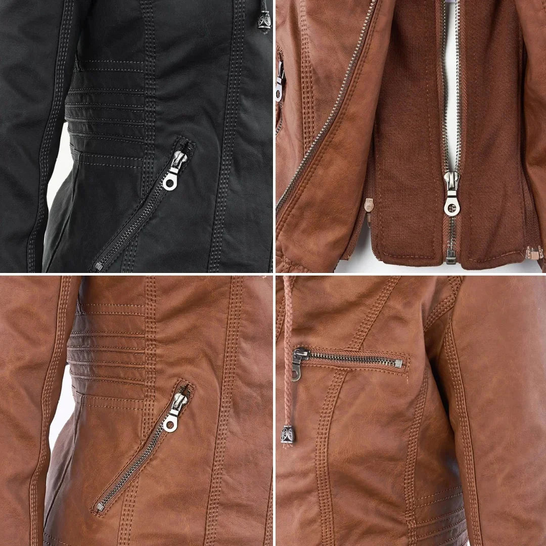 Women's Zip-Up Hood Leather Jacket – Zippered Pockets