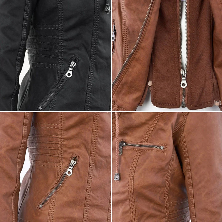 Women's Zip-Up Hood Leather Jacket – Zippered Pockets