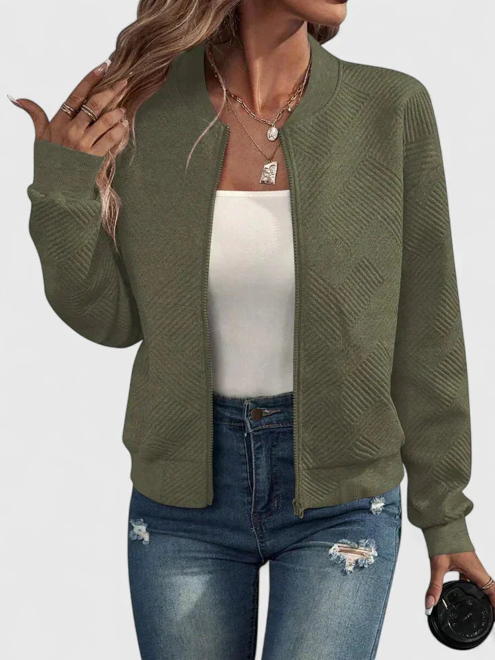 Women's Knit Zip-Up Stand Collar Bomber Jacket – Chevron Textured