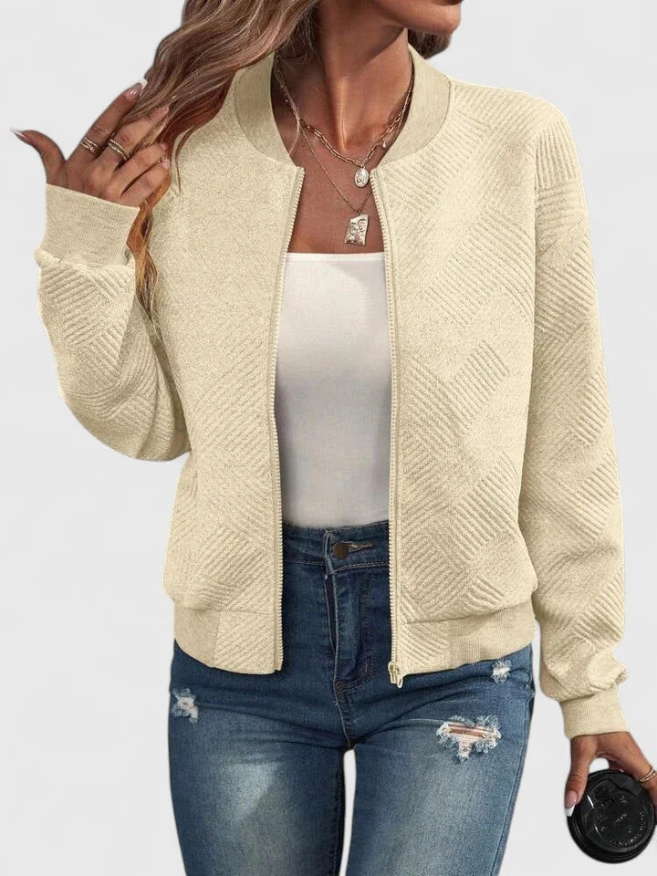 Women's Knit Zip-Up Stand Collar Bomber Jacket – Chevron Textured
