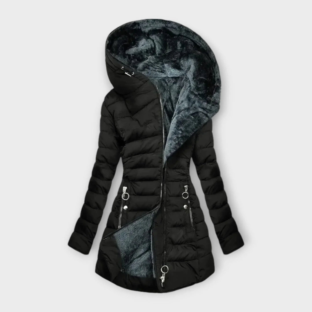 Women's Quilted Zip-Up Hood Puffer Coat – Faux Fur Lining