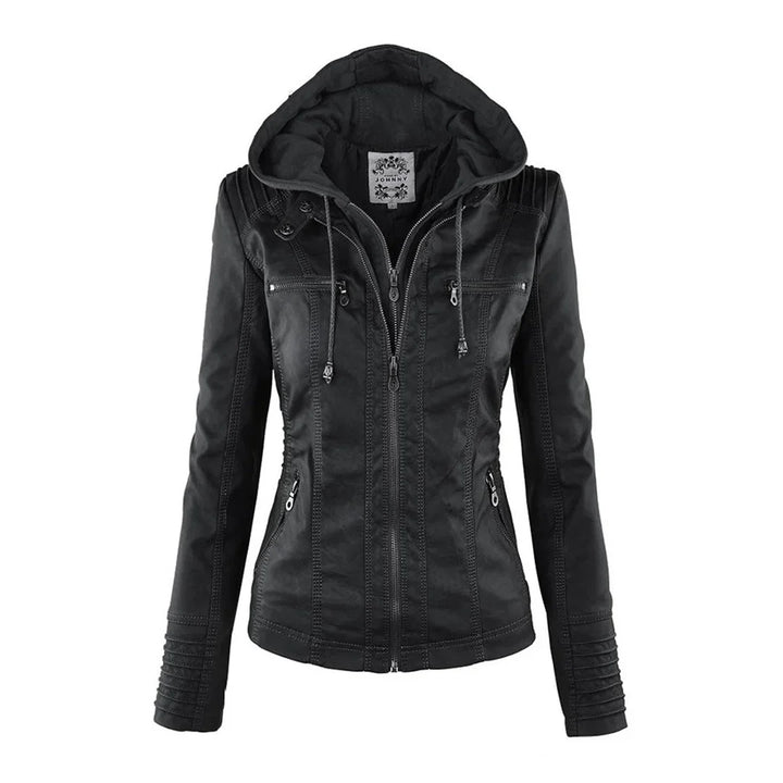 Women's Zip-Up Hood Leather Jacket – Zippered Pockets