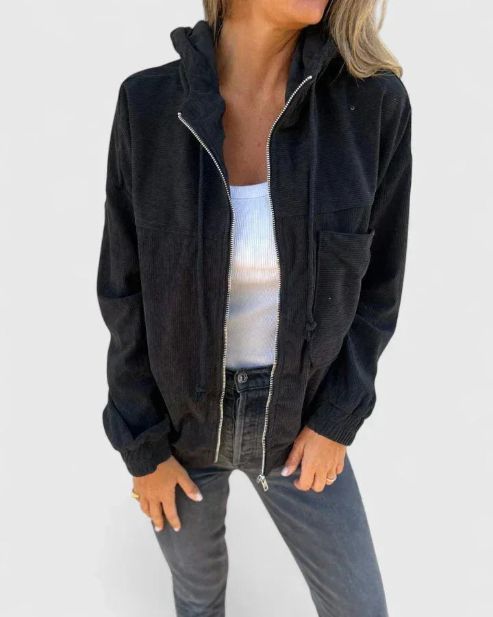 Women's Corduroy Zip-Up Hood Jacket – Elasticated Cuffs And Hem