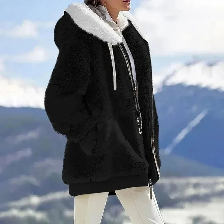 Women's Colourblock Borg Zip-Up Long Coat – Ribbed Cuffs