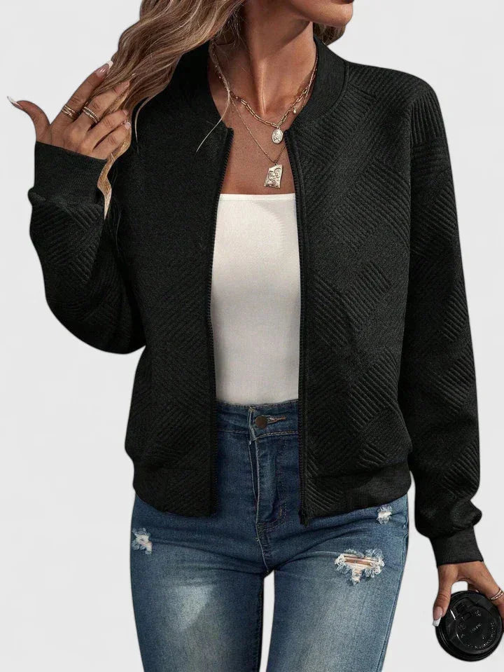 Women's Knit Zip-Up Stand Collar Bomber Jacket – Chevron Textured