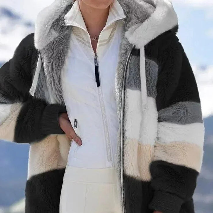 Women's Colourblock Borg Zip-Up Long Coat – Ribbed Cuffs