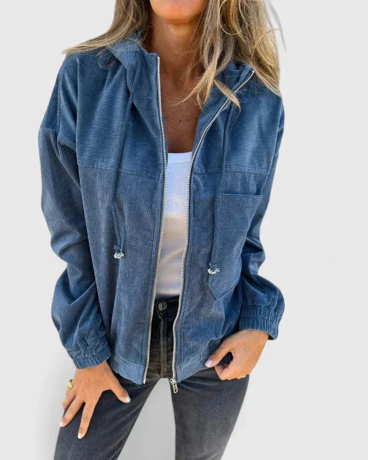 Women's Corduroy Zip-Up Hood Jacket – Elasticated Cuffs And Hem