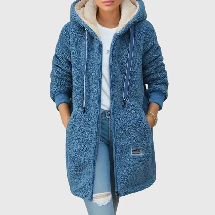 Women's Borg Zip-Up Hood Long Coat – Drawstring