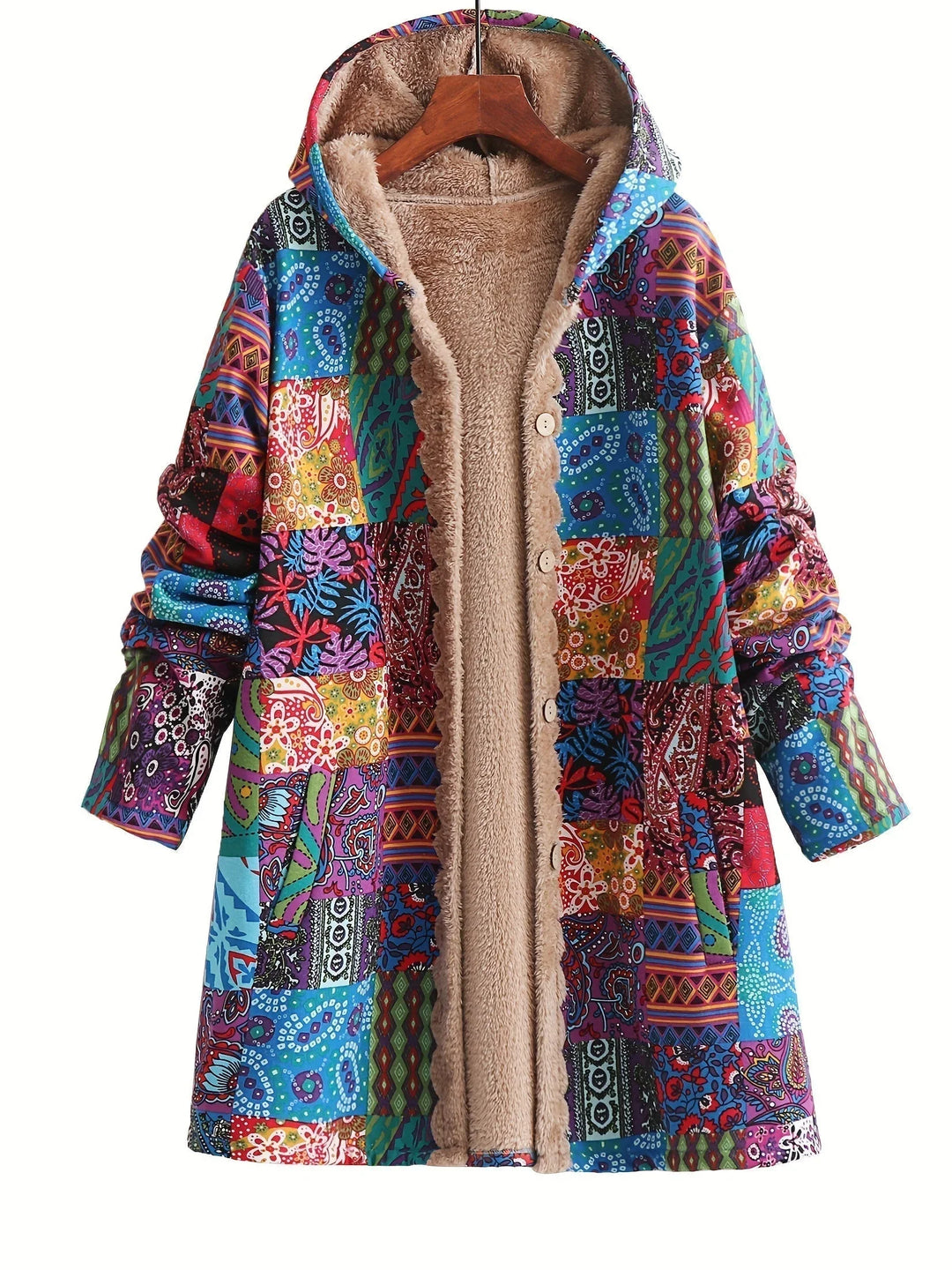 Women's Borg Button-Front Hood Parka – Patchwork Print