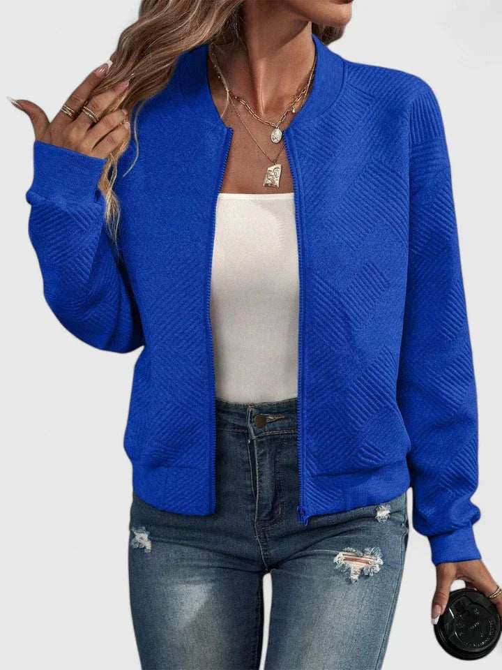 Women's Knit Zip-Up Stand Collar Bomber Jacket – Chevron Textured