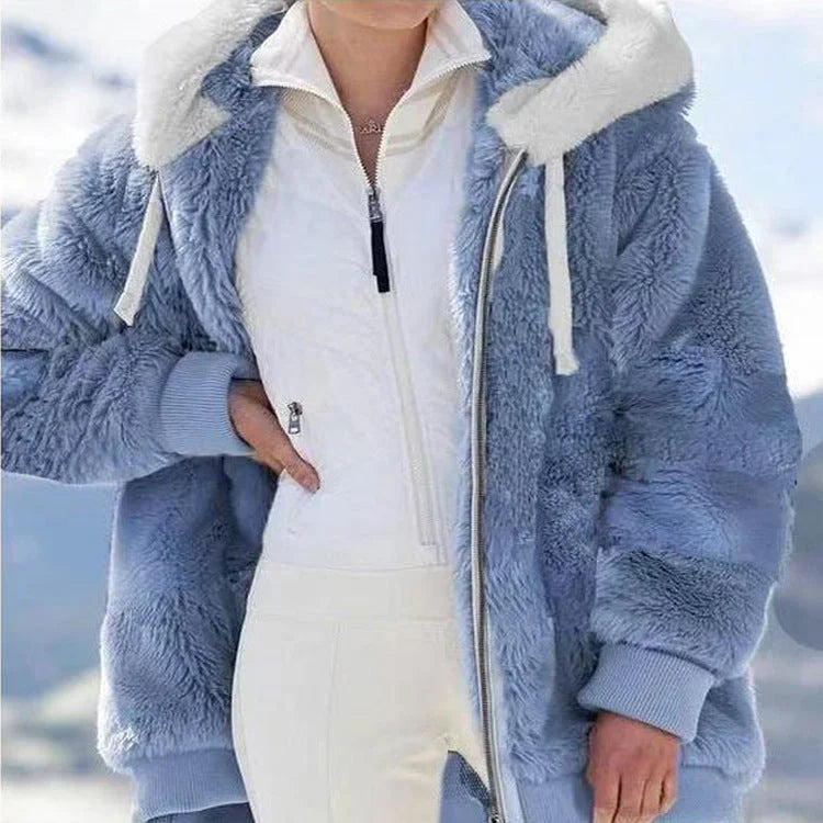 Women's Colourblock Borg Zip-Up Long Coat – Ribbed Cuffs