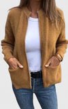Women's Ribbed Zip-Up Stand Collar Cardigan – Front Patch Pockets