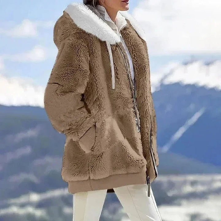 Women's Colourblock Borg Zip-Up Long Coat – Ribbed Cuffs