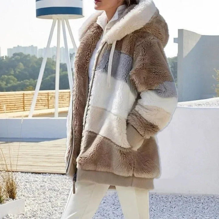 Women's Colourblock Borg Zip-Up Long Coat – Ribbed Cuffs