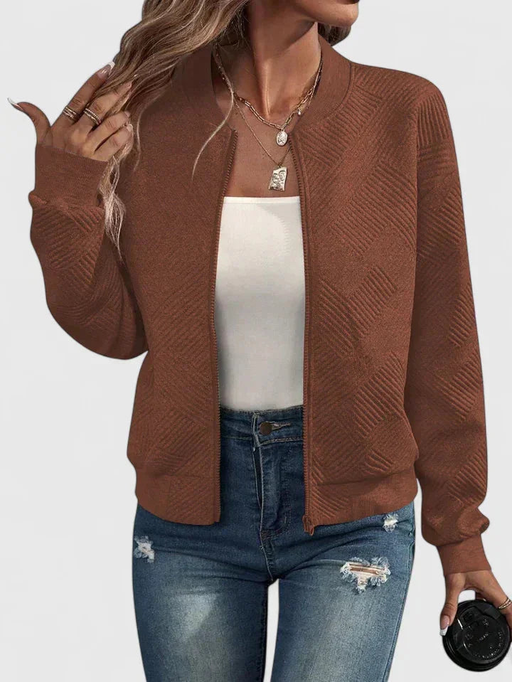 Women's Knit Zip-Up Stand Collar Bomber Jacket – Chevron Textured