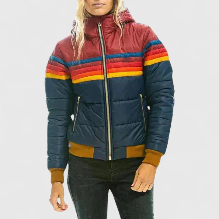 Women's Striped Quilted Zip-Up Puffer Jacket – Rainbow Stripes