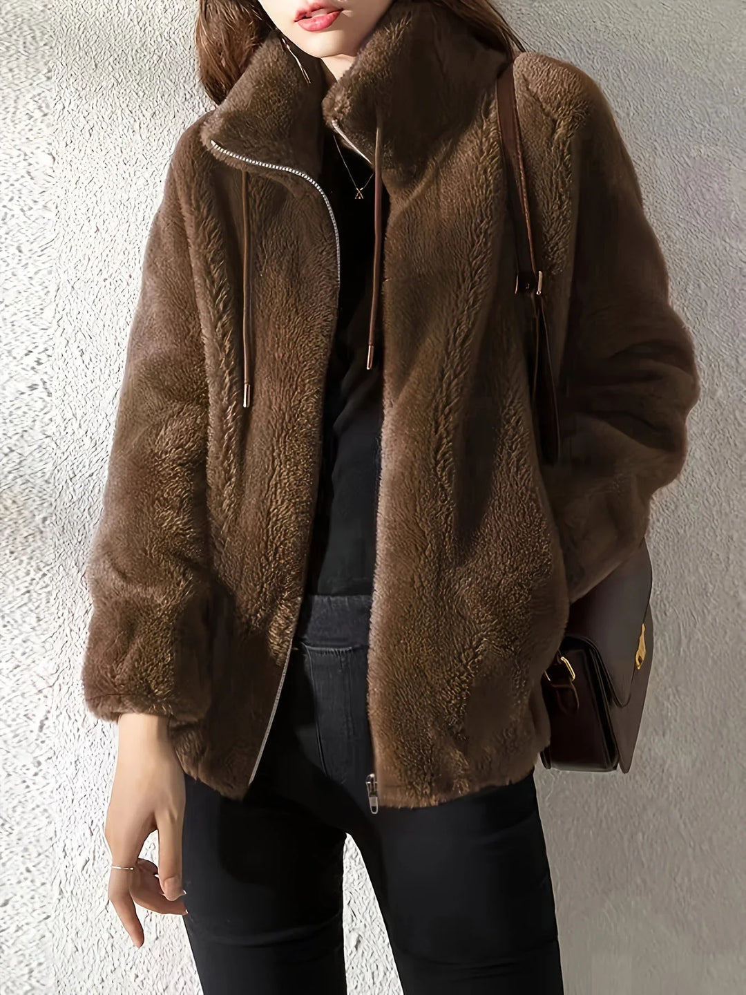 Women's Borg Zip-Up Stand Collar Jacket – Drawstring
