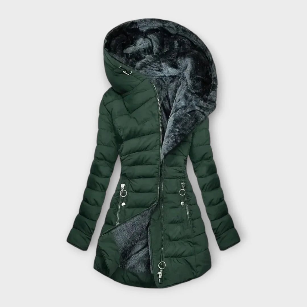 Women's Quilted Zip-Up Hood Puffer Coat – Faux Fur Lining