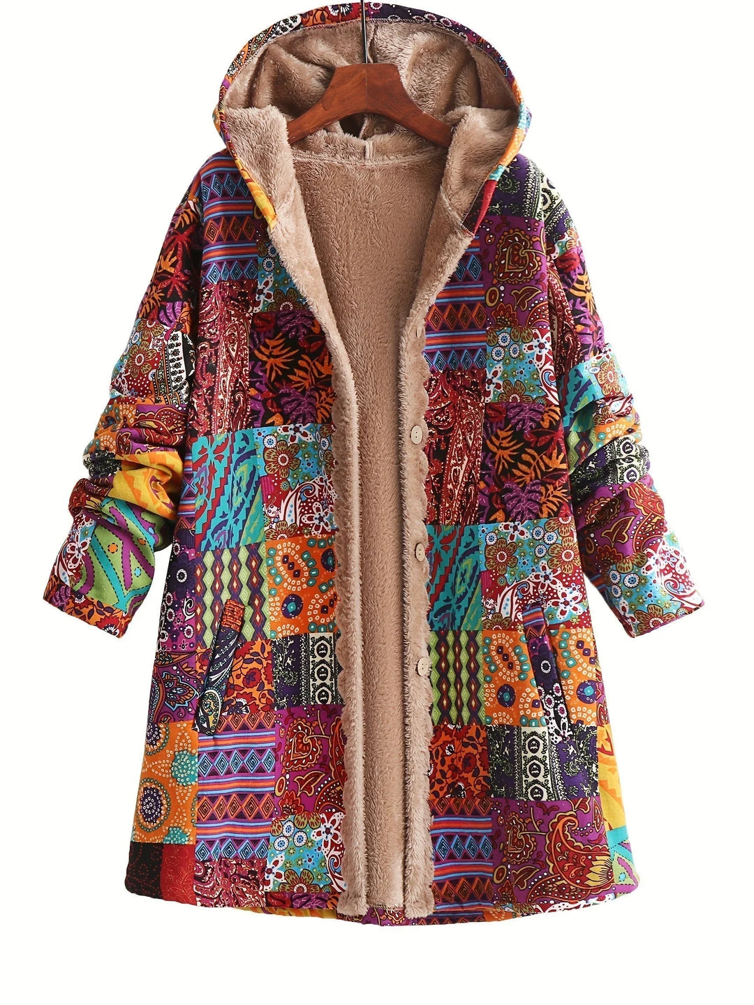Women's Borg Button-Front Hood Parka – Patchwork Print