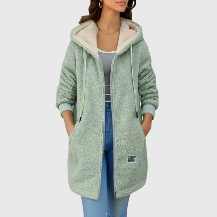 Women's Borg Zip-Up Hood Long Coat – Drawstring