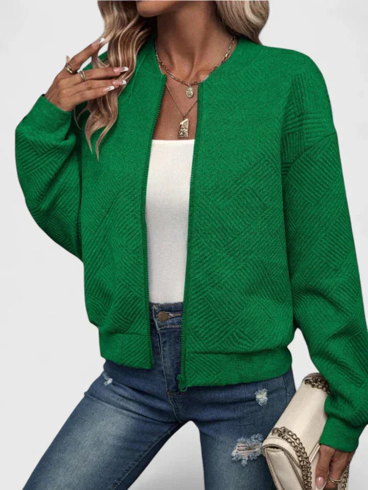 Women's Knit Zip-Up Stand Collar Bomber Jacket – Chevron Textured