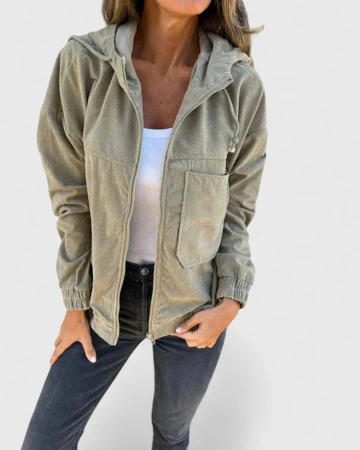 Women's Corduroy Zip-Up Hood Jacket – Elasticated Cuffs And Hem