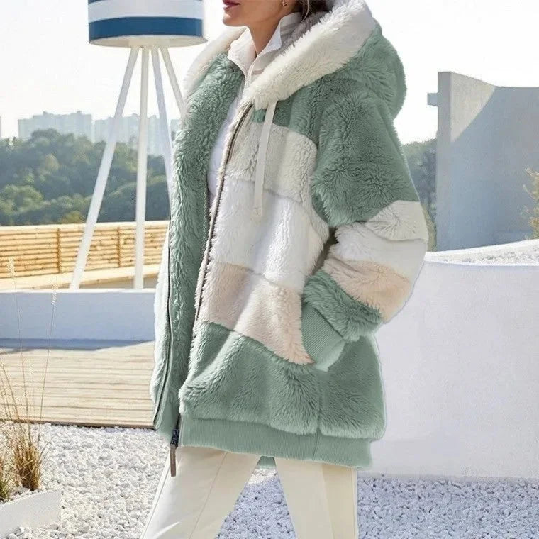 Women's Colourblock Borg Zip-Up Long Coat – Ribbed Cuffs