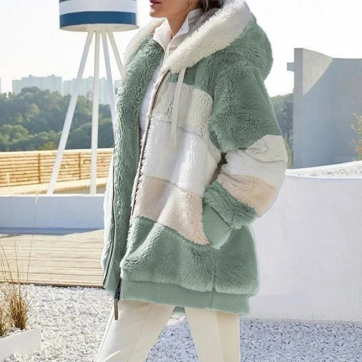 Women's Colourblock Borg Zip-Up Long Coat – Ribbed Cuffs