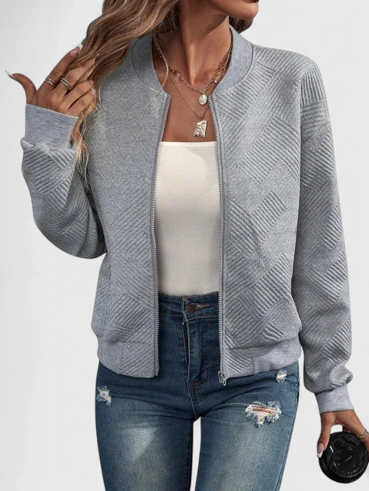 Women's Knit Zip-Up Stand Collar Bomber Jacket – Chevron Textured