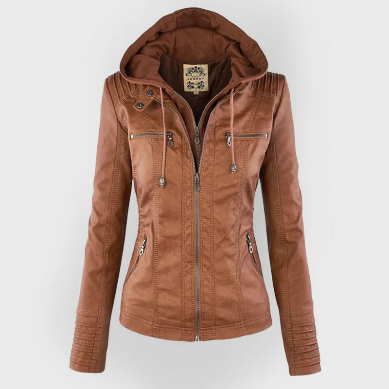 Women's Zip-Up Hood Leather Jacket – Zippered Pockets