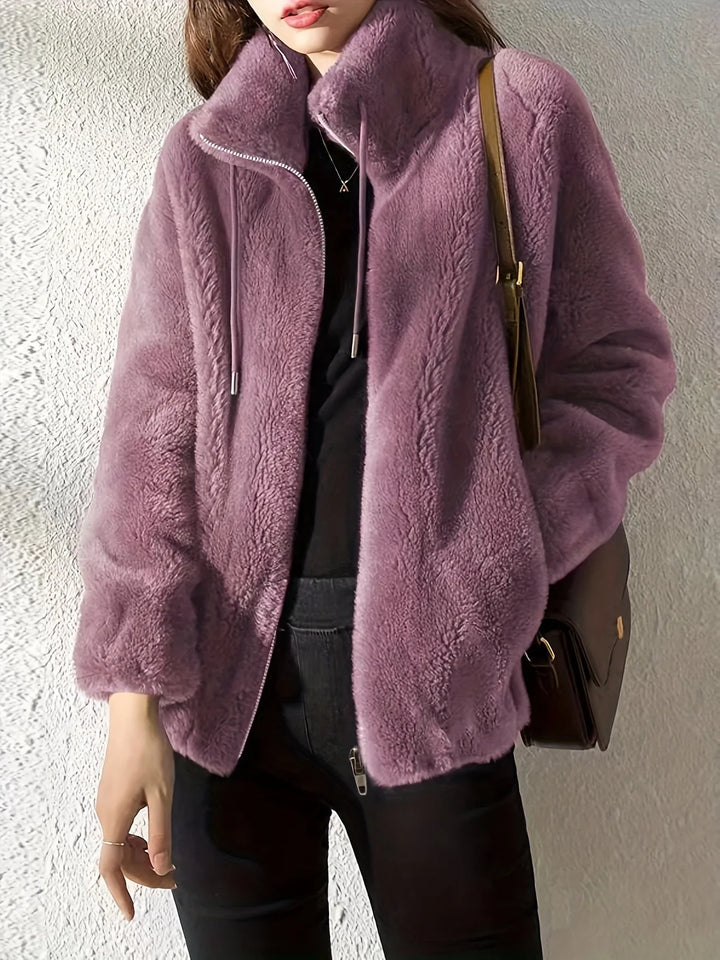 Women's Borg Zip-Up Stand Collar Jacket – Drawstring