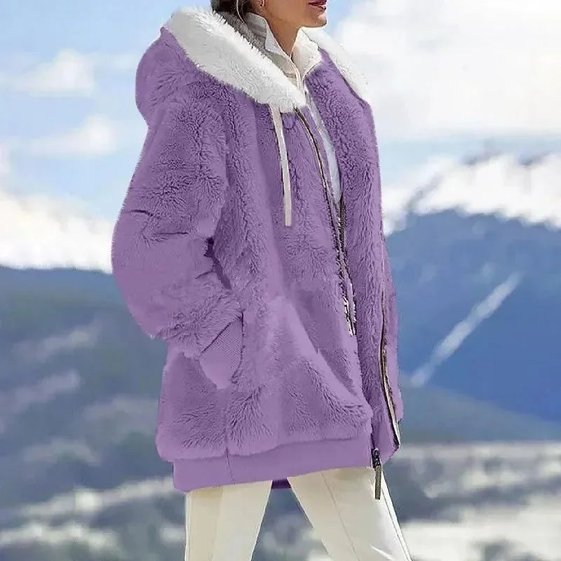 Women's Colourblock Borg Zip-Up Long Coat – Ribbed Cuffs