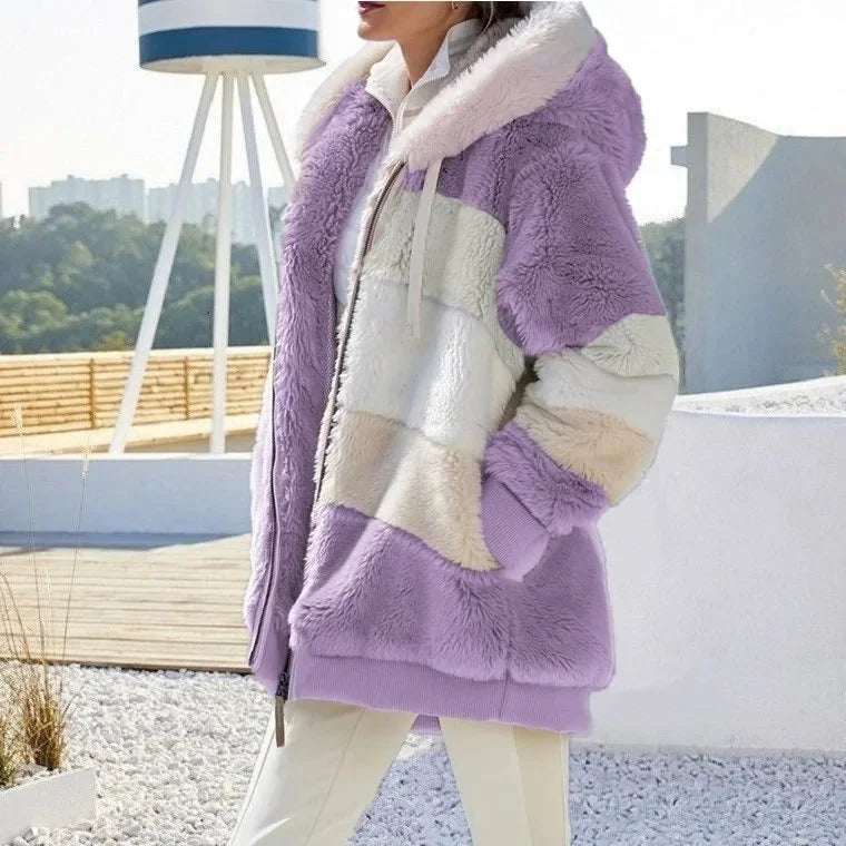 Women's Colourblock Borg Zip-Up Long Coat – Ribbed Cuffs