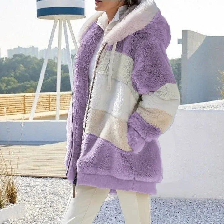 Women's Colourblock Borg Zip-Up Long Coat – Ribbed Cuffs