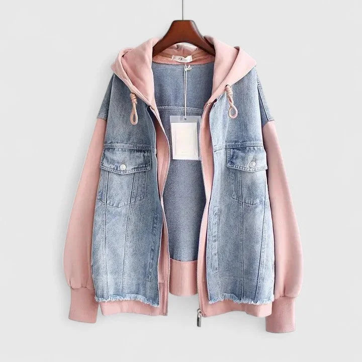 Women's Colourblock Zip-Up Hood Denim Jacket – Contrast Sleeves