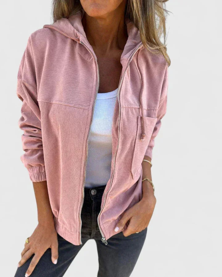 Women's Corduroy Zip-Up Hood Jacket – Elasticated Cuffs And Hem