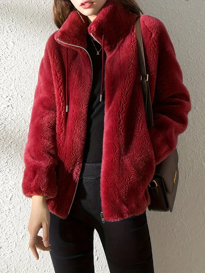 Women's Borg Zip-Up Stand Collar Jacket – Drawstring