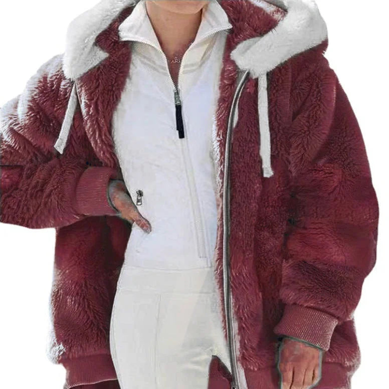 Women's Colourblock Borg Zip-Up Long Coat – Ribbed Cuffs