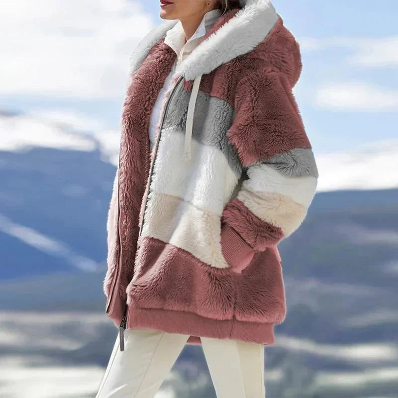 Women's Colourblock Borg Zip-Up Long Coat – Ribbed Cuffs