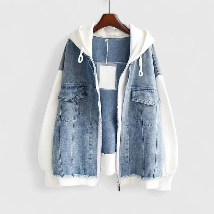 Women's Colourblock Zip-Up Hood Denim Jacket – Contrast Sleeves
